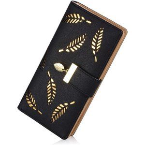 Women's Long Leaf Bifold Wallet Leather Card Holder Purse Zipper Buckle Clutch